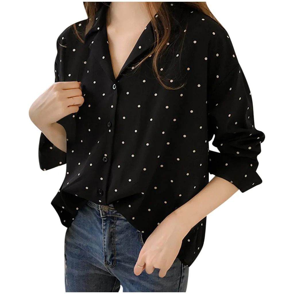 Women Casual Long Sleeve Polka Dot Turn-Down Collar Tops Button Shirts Female Autumn Commute Vintage Camisas De Mujer Elegant 250417