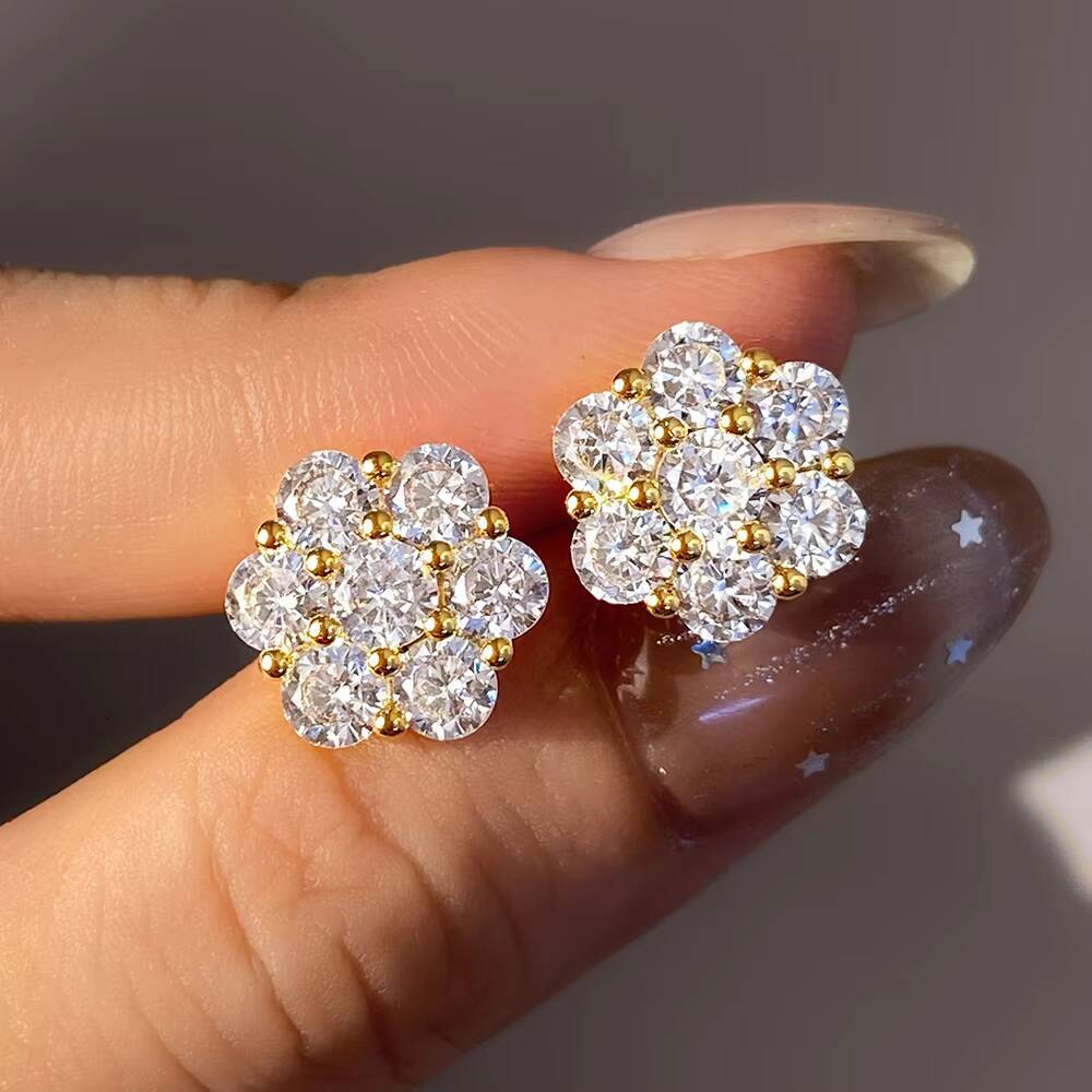 Wholesale Luxury Fashion S925 Sterling Silver Flower Earrings Gold Plated with Full CZ Cluster Studs Zircon Main Stone for Women
