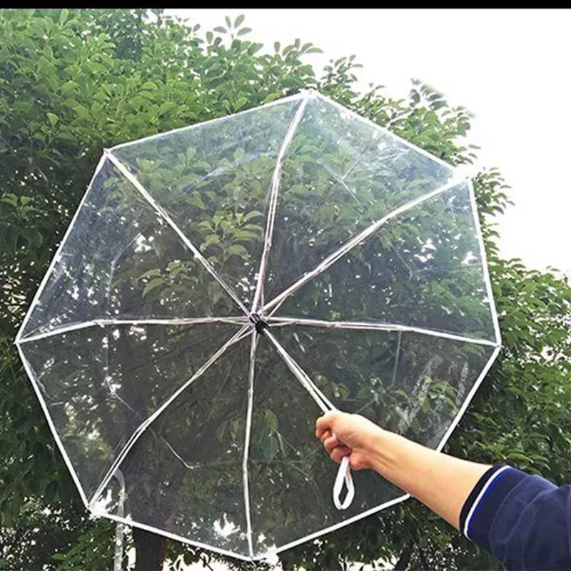Student minimst transparent folding umbrella fully automatic transparent three-fold umbrella windproof and rainproof C251117