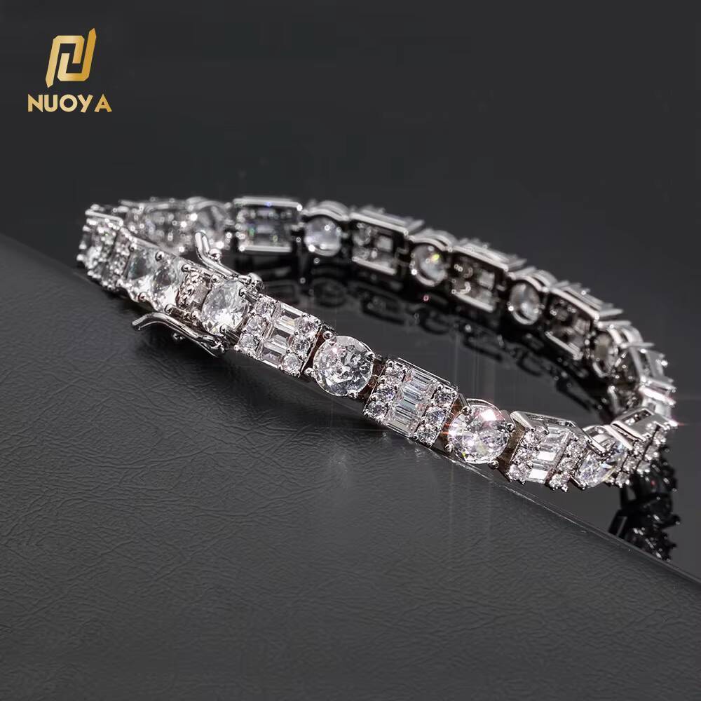 Moissanite Womens Hip Hop Tennis Chain Bracelet Iced Out Baguette Round Cut Zircon Silver Plated Diamond Fine Jewelry