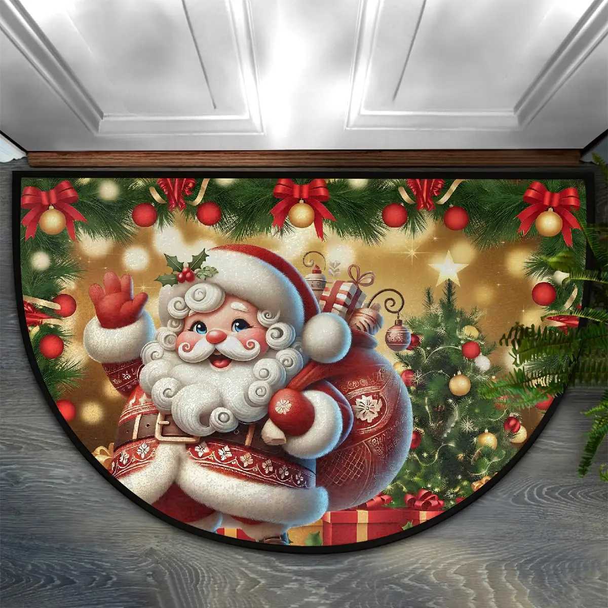 VIKAMA Christmas Old Man Red Half Round Door Mat Non Slip Washable Semi Circle Area Rug Absorbent Soft Half Moon Rug Home DecorM251117