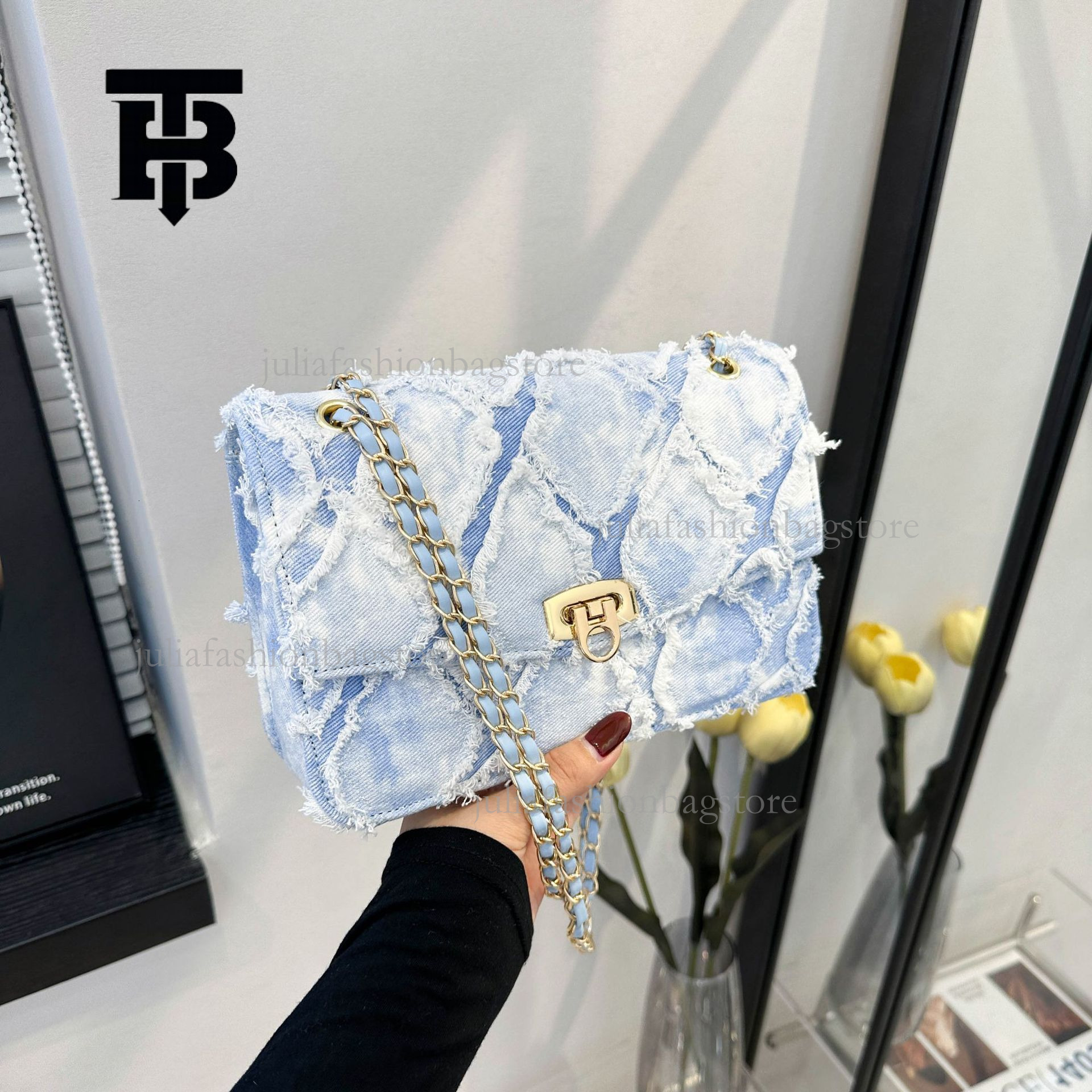 TB BHULAMTE Designer Denim Tassel Women's Shoulder Bag New Tie Dyed Canvas Casual Commuting Handbag Versatile Large Capacity New Phone Bag Chain 