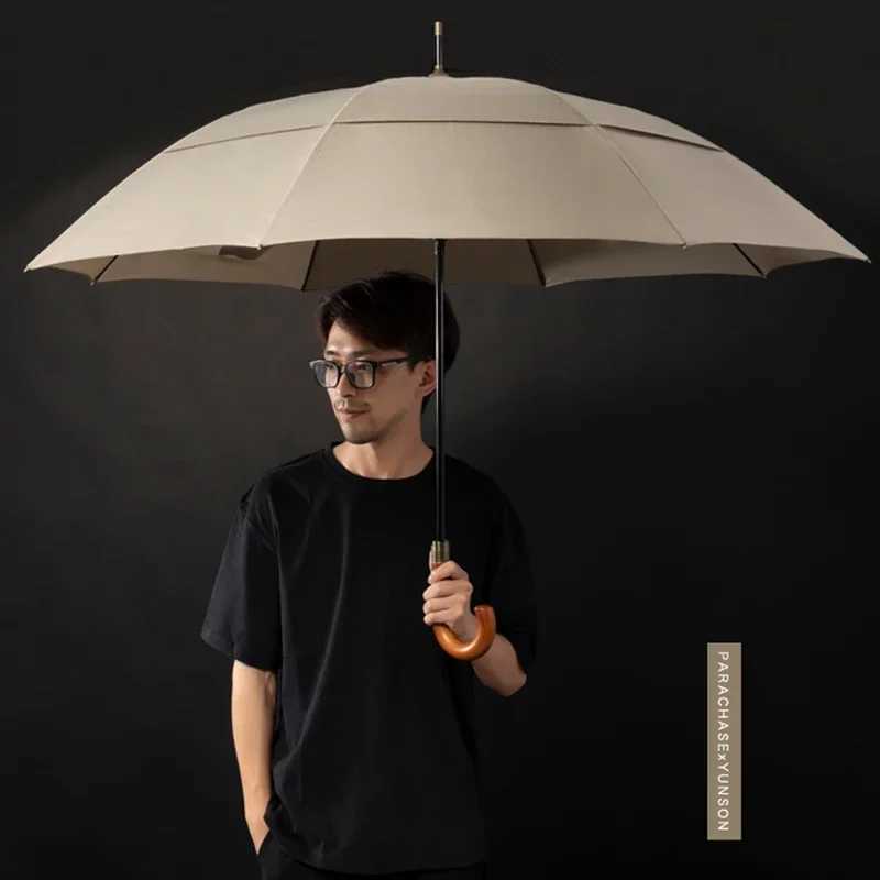 Wooden Handle Long Umbrella Big Strong Windproof Black Umbrellas Double Layer Men Business Rain Umbrella 8K Male Paraguas C251117