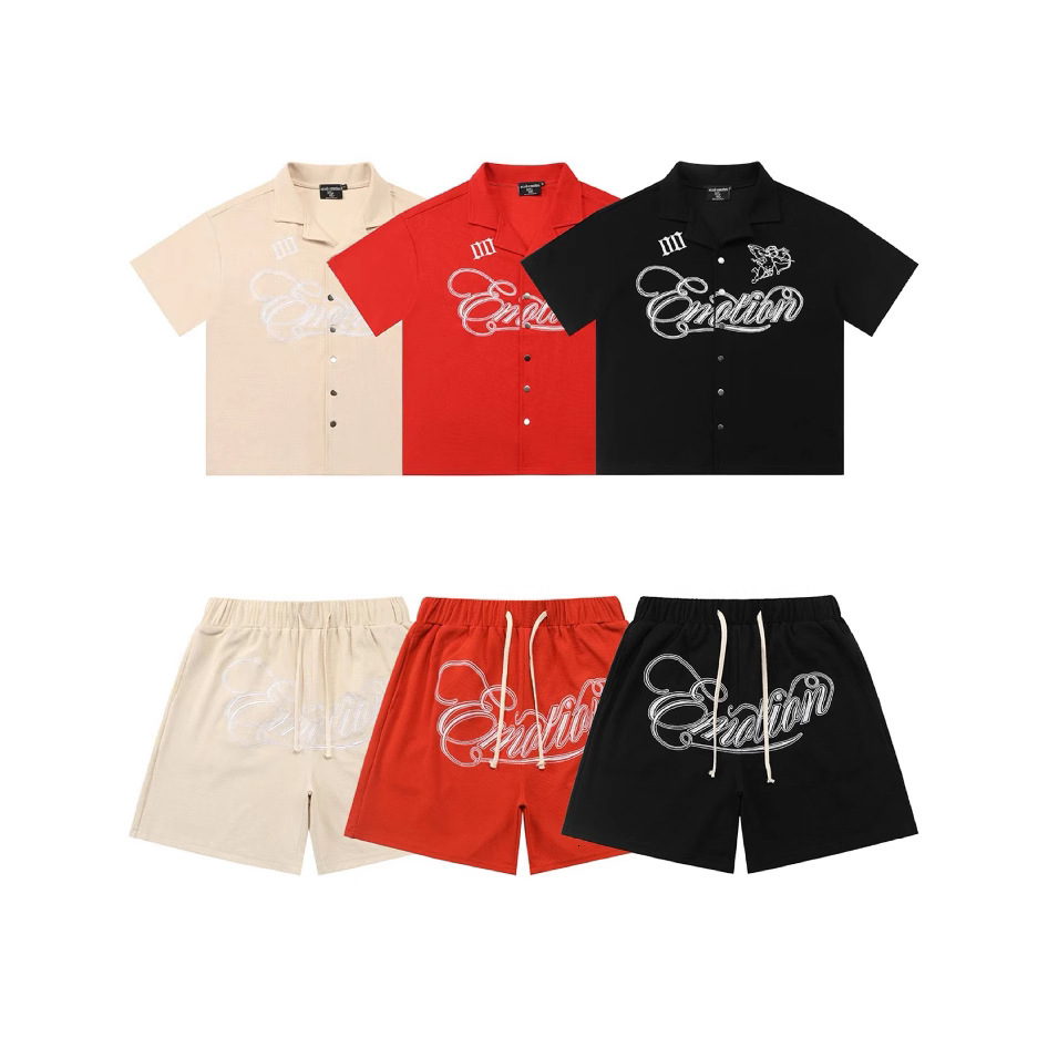 Designer Mixed Emotion American Style Trendy Brand Rhinestone Fashion Lapel Short Sleeve Shorts Set for Men and Women