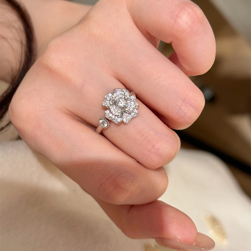 Korean Super Shiny Zircon Flower Open Palace Style Elegant Versatile Index Finger Ring Light Luxury High-end Feel Women's Jewelry