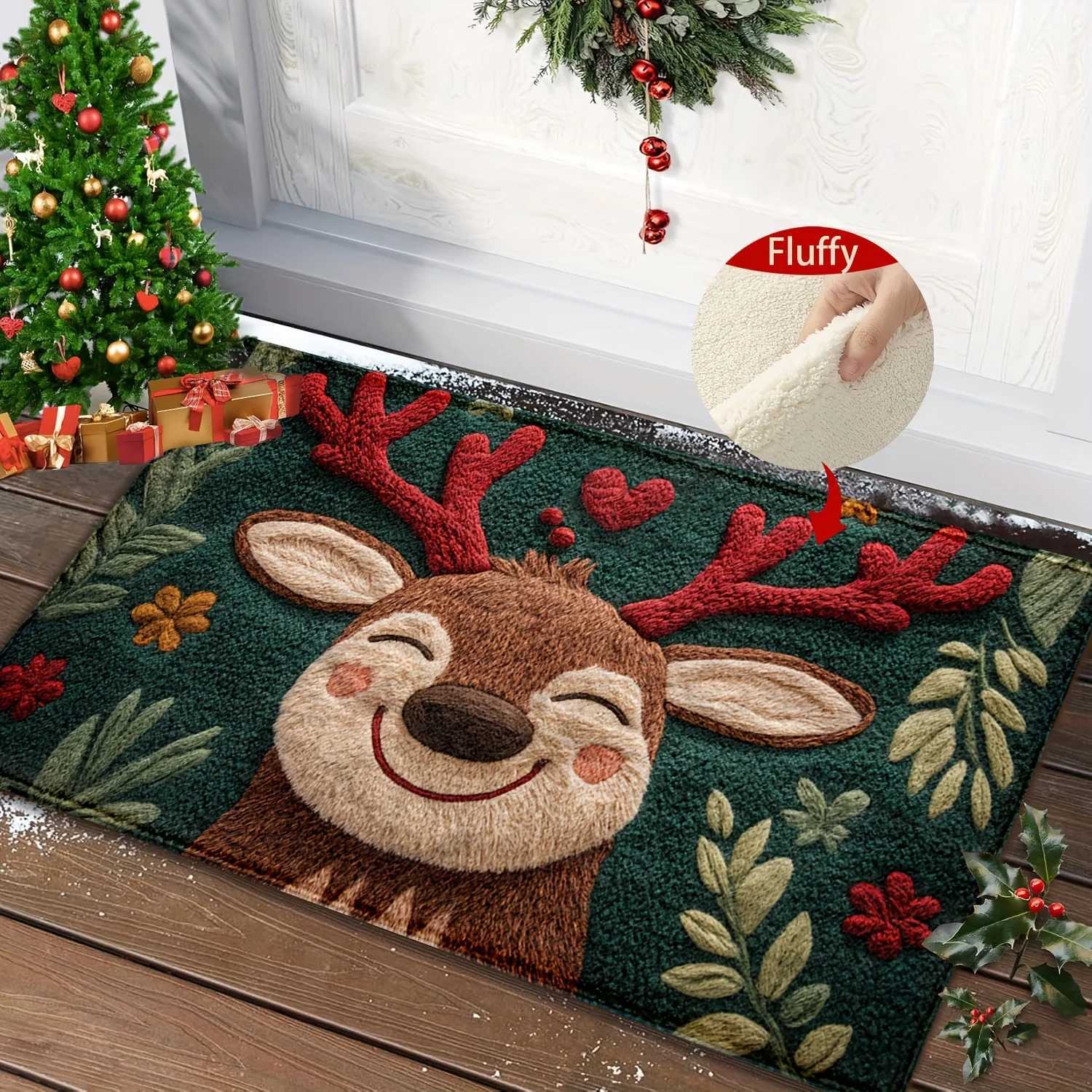 1pc Fluffy Christmas Deer Microfiber Bath Mat - Quick-Dry Absorbent Festive Holiday Design with Red Berries Green LeavesM251117