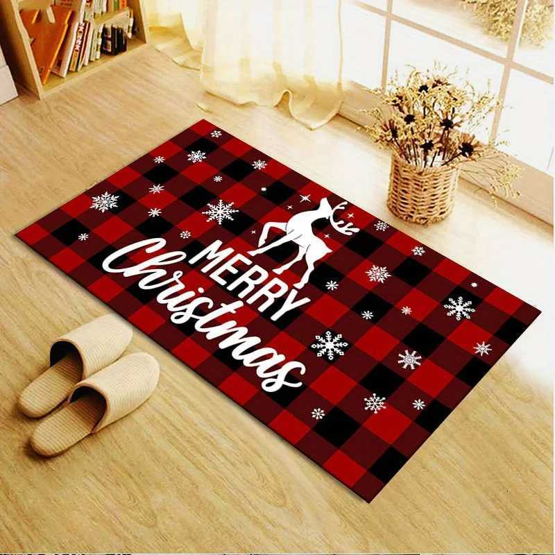 Christmas-Themed Area Rug - 1pc Non-Slip Polyester Floor Mat with Red and Black Plaid Snowflakes and Reindeer Patterns - DurabM251117