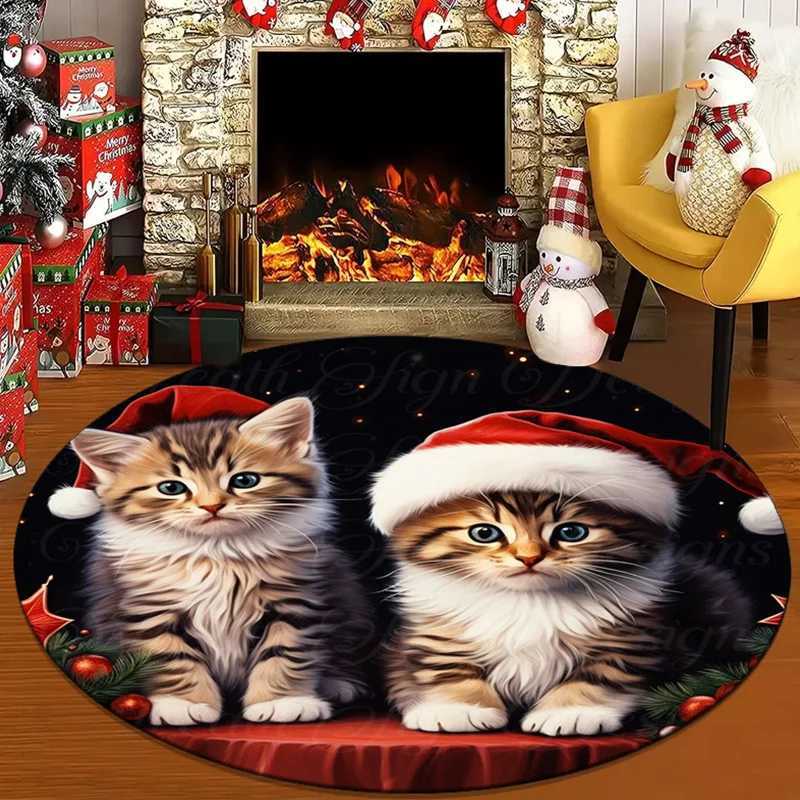 Cute Christmas Kittens Round Rug Plush Floor Mat Pet Lover Gift Animal Print Home Decor Festive Holiday DecorationM251117