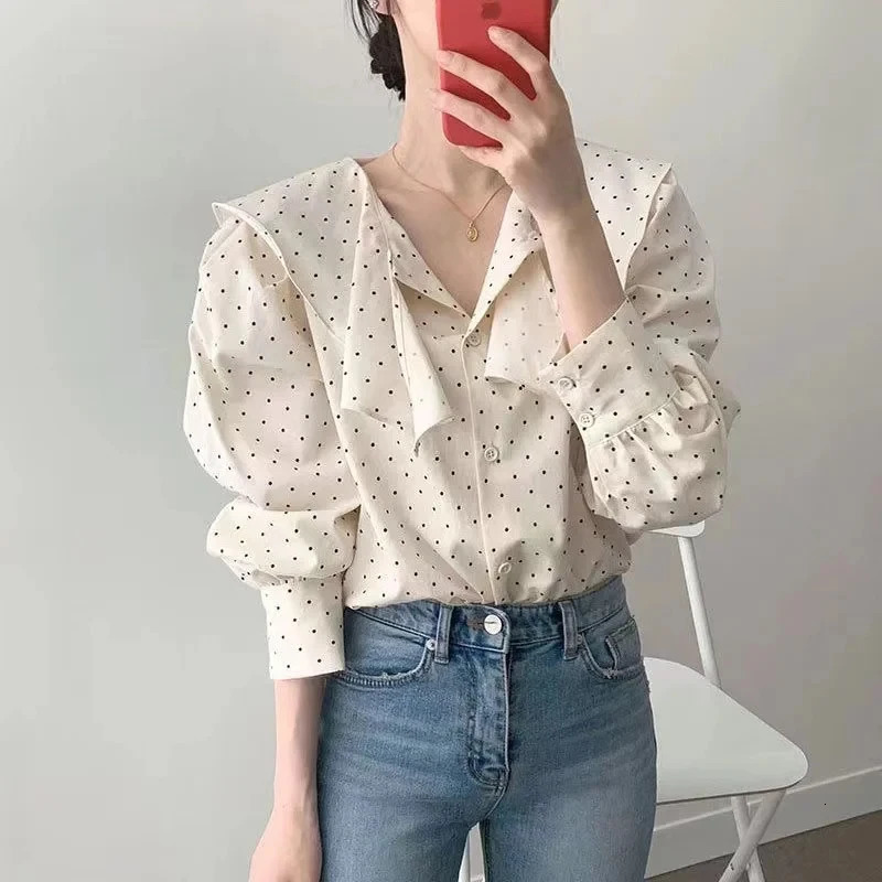 Elegant Polka Dot Women Blouse Spring Loose Long Sleeve Korean Irregular Peter Pan Collar Shirt Casual Ruffled Tops Blusas 250417