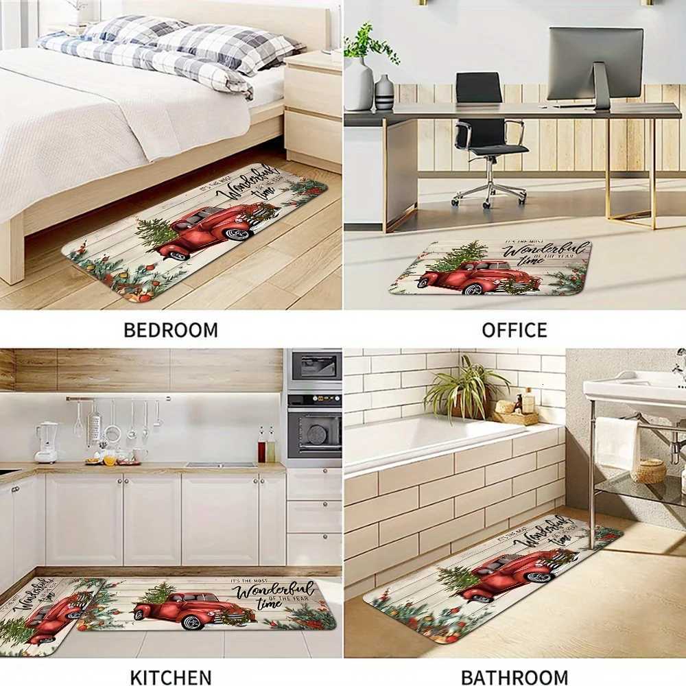 Merry Christmas Snow Resistant Kitchen Mat Polyester Machine Washable Holiday Rug for Kitchen Corridor Bathroom Party DecorM251117