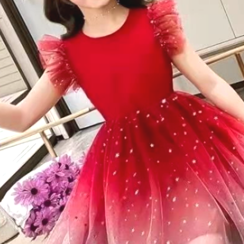 DISNEY kids designer clothes Frozen Elsa princess Girls' Starry Sky Gradient Short Sleeve Dress Princess Dress Puff Sleeve Tulle Skirt for Childr