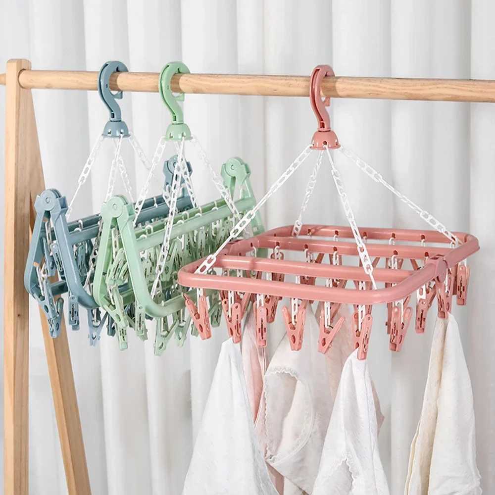 32-clips Folding Hangers Multi-Functional Windproof Socks Clip Drying Hangers Household Organizers Storage Plastic Clothing Clip C251117