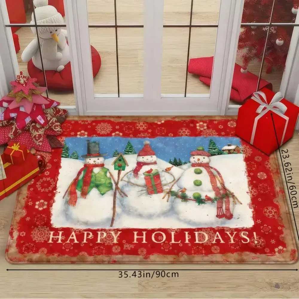 1 Pc Snowman Christmas Decorative Floor Mat with Happy Holidays Red and White Snowman Pine and Holly Berry Border Non-SlipM251117
