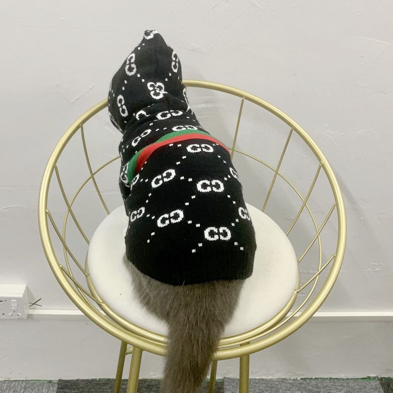 Designer Pet Hoodie with Monogram Pattern, Fashion Warm Knitted Dog Sweater in Multi-Colors, Soft Hooded Pet Apparel for Small Medium Dogs, with Strip