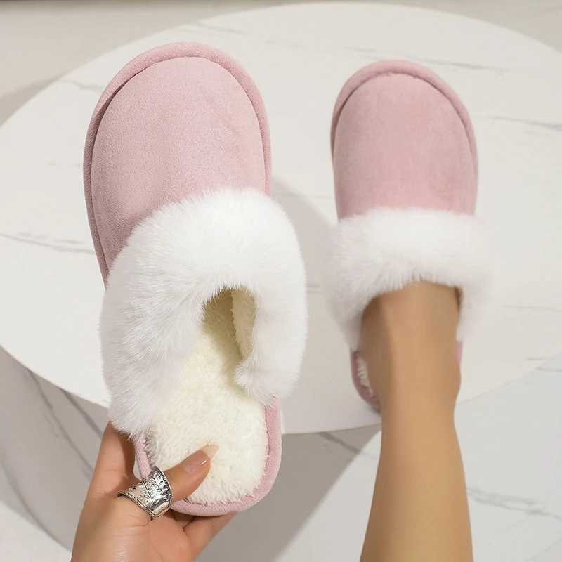 Lucyever Pink Faux Suede Faux Fur Slippers Women Home Warm Non Slip Slides Woman Casual Flat Heels Plush Slipper Shoes Female H251117
