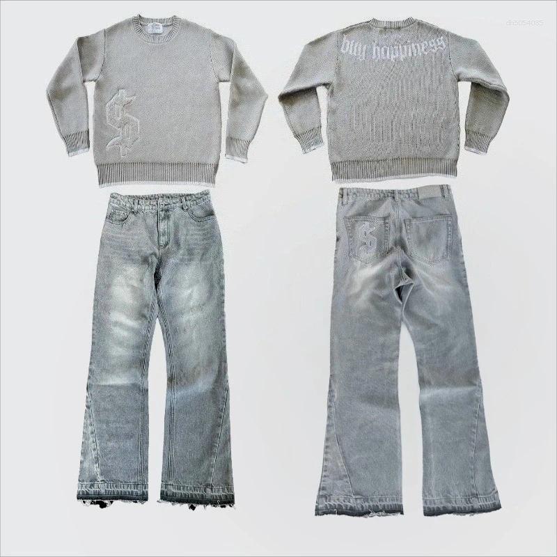 Men's Tracksuits 2 Pcs Set Autumn Winter Retro Knitted Sweater Jeans Suit Trendy Hip Hop Dollar Embroidery Streetwear Unisex Baggy
