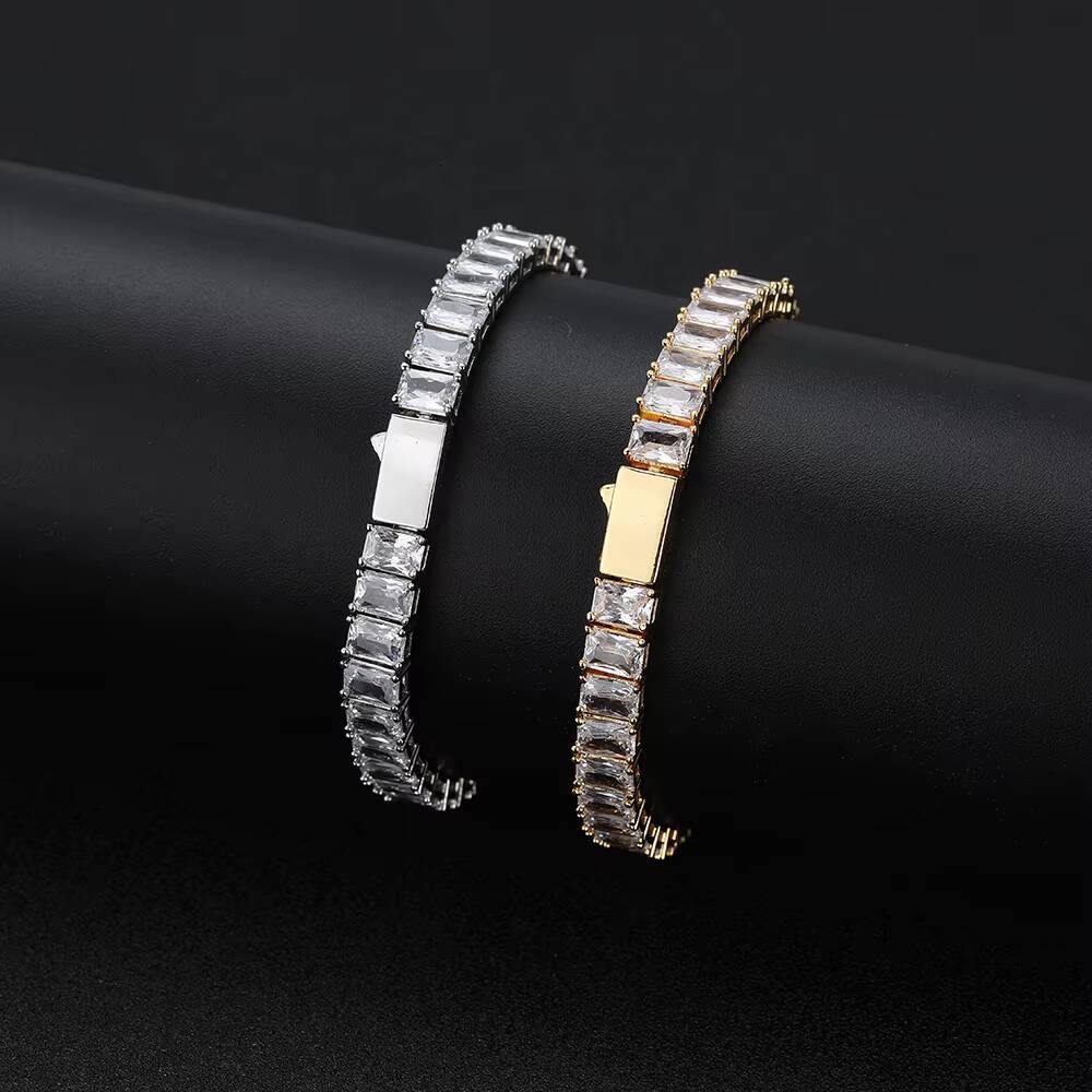 Moissanite 18K Gold Plated 6MM Rectangular Zircon Bracelet Full Diamond Hip Hop Silver Tennis Chain Bracelet Fine Jewelry for Gift