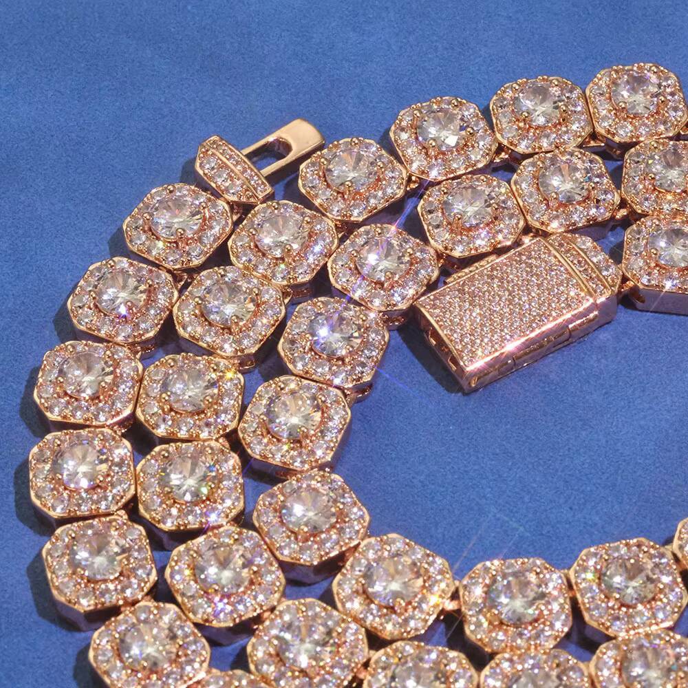 Moissanite Hip Hop Jewelry 10/12mm Rose Gold Plated Clustered Tennis Chain Necklace Bling Iced Out Zircon Choker Necklaces for Women