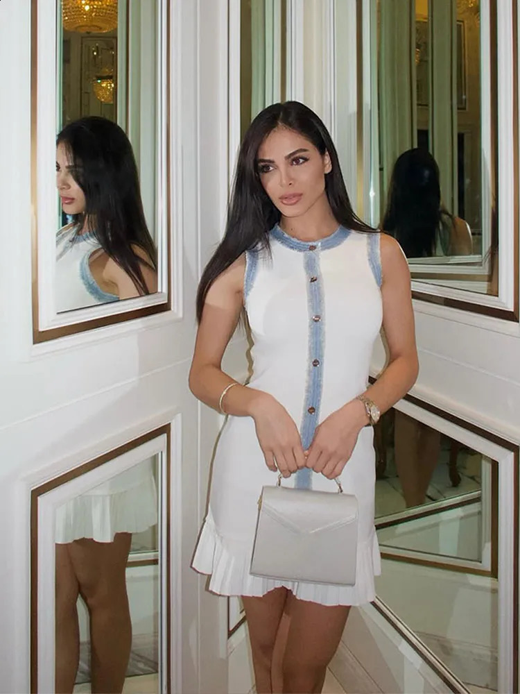 2025 Womens White Knitted Stretch Denim Dress Sleeveless Ruffled Hem Pleated Summer Tight Beach Party Casual Elegant Dress250414