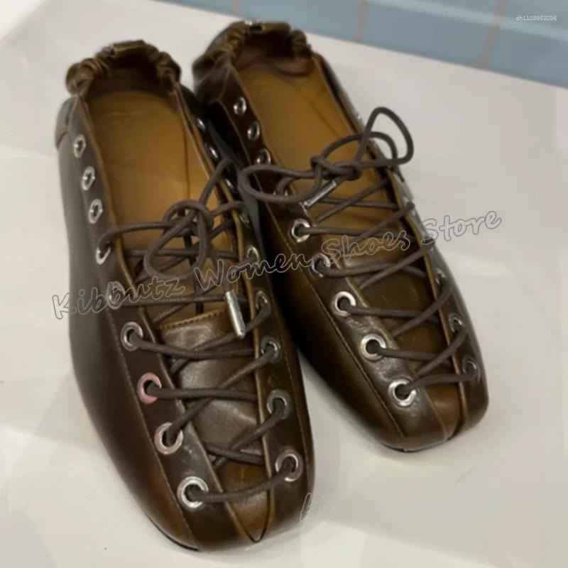 Dress Shoes Lace-Up Ballet Pumps Genuine Leather Solid Color New Fashion Elegant Hot Concise Sexy Party Women Square Toe Flat With