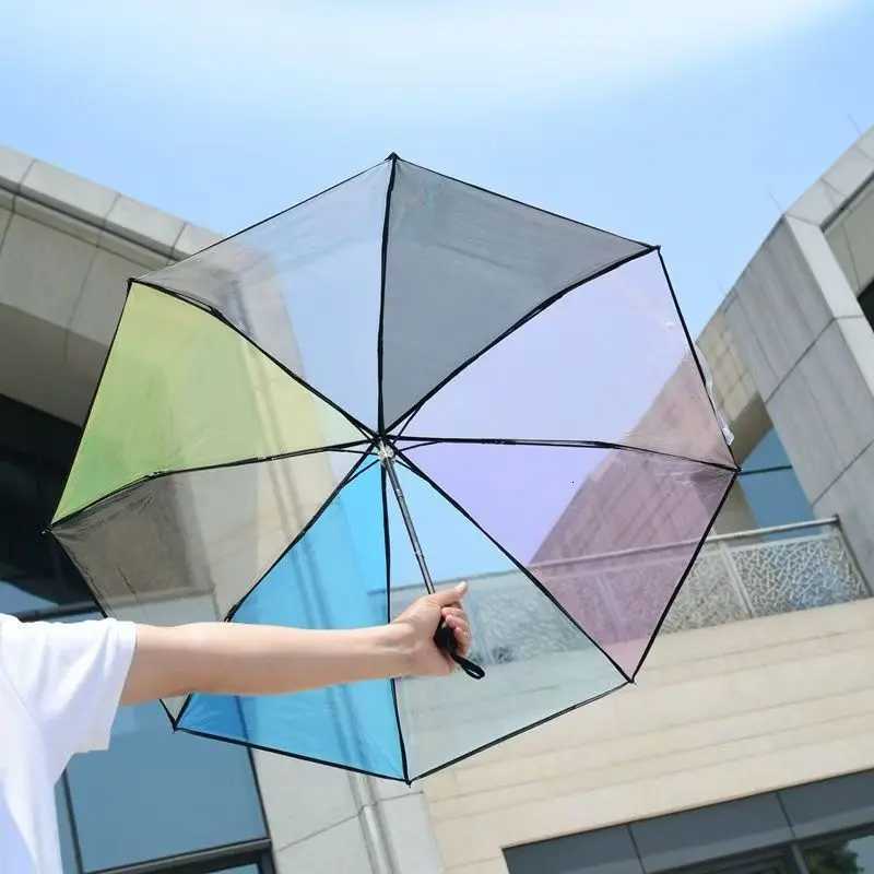 Transparent Plastic Three Fold Women Rain Umbrella Automatic Rainbow Umbrellas For Girls Outdoor Hiking Windproof Parosal C251117