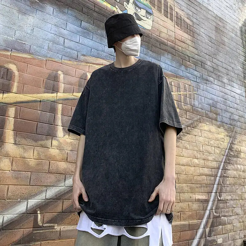 Harajuku Y2k Man Washed T-shirts Loose 100% Cotton Y2k Clothing Vintage Short Sleeve Crew Neck Tee Male Gothic Tops Summer 250417