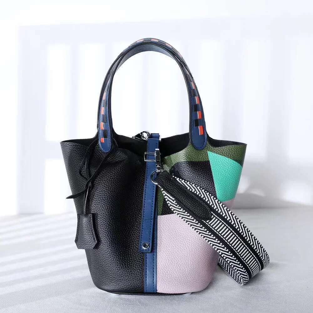 Cowhide Painted Vegetable Basket Women's Handbag Ethnic Style Genuine Leather Bucket Fashionable Shoulder Bag Commuting