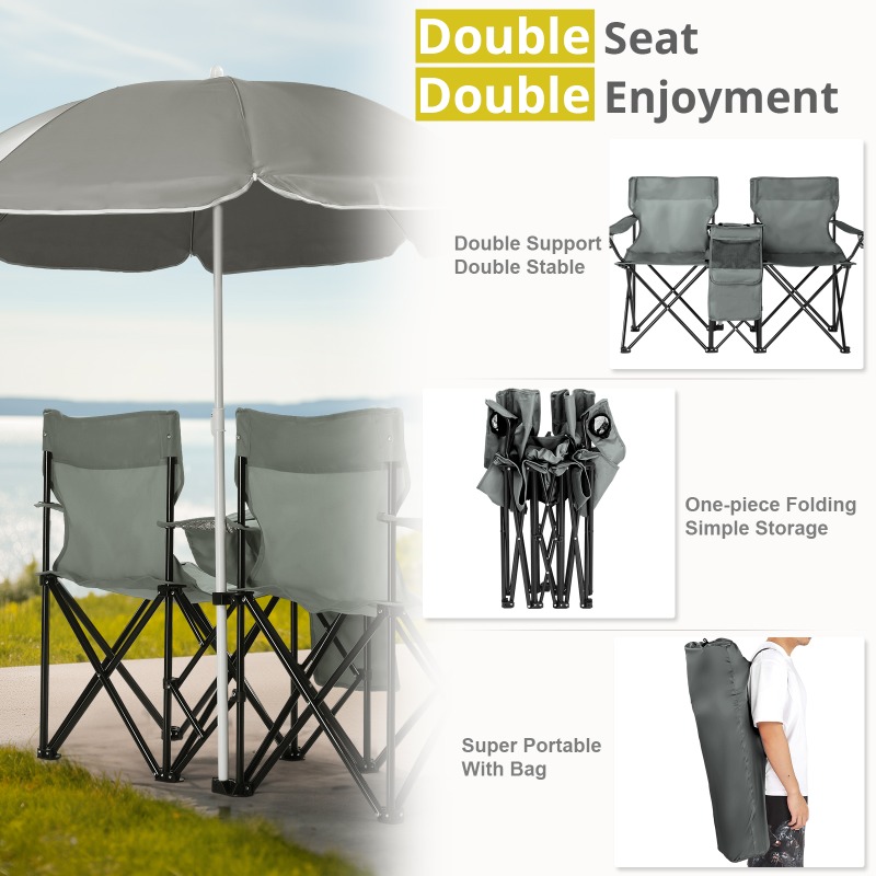 2-Seat Folding Chair Outdoor Portable Grey with Removable Sun Umbrella Space Saving