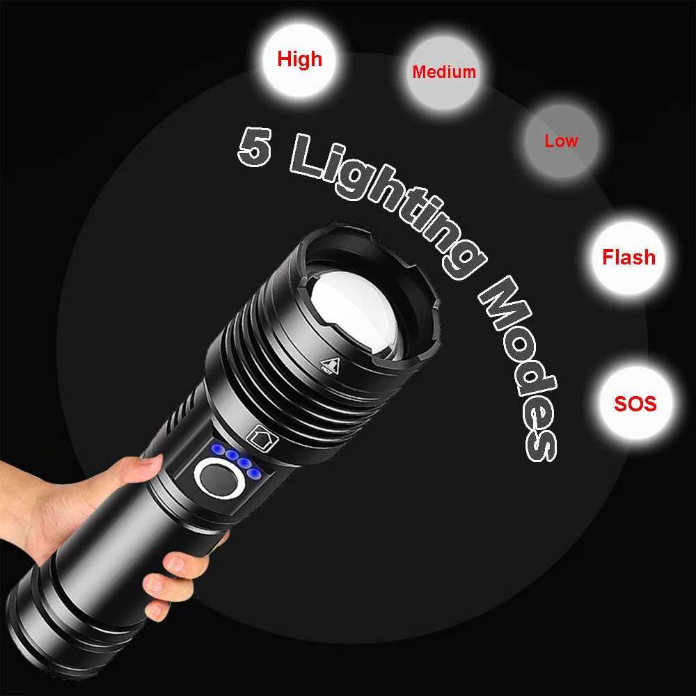 XHP200 High Power LED Flashlight 9000000LM Type-C Usb Rechargeable Outdoor Waterproof Tactical Flashlight 18650 XHP50 Zoom Torch M251117