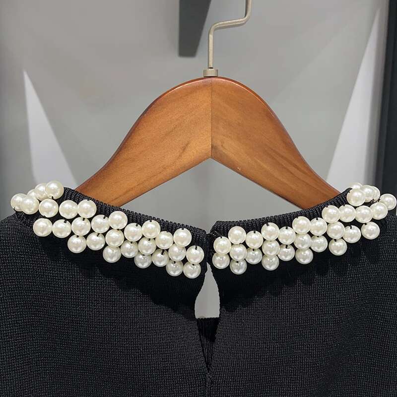 Faux Pearl Embellished-Neck Mini For Women Ruffled Hem Knitted Sleeveless Elegant Spring Dress 2025