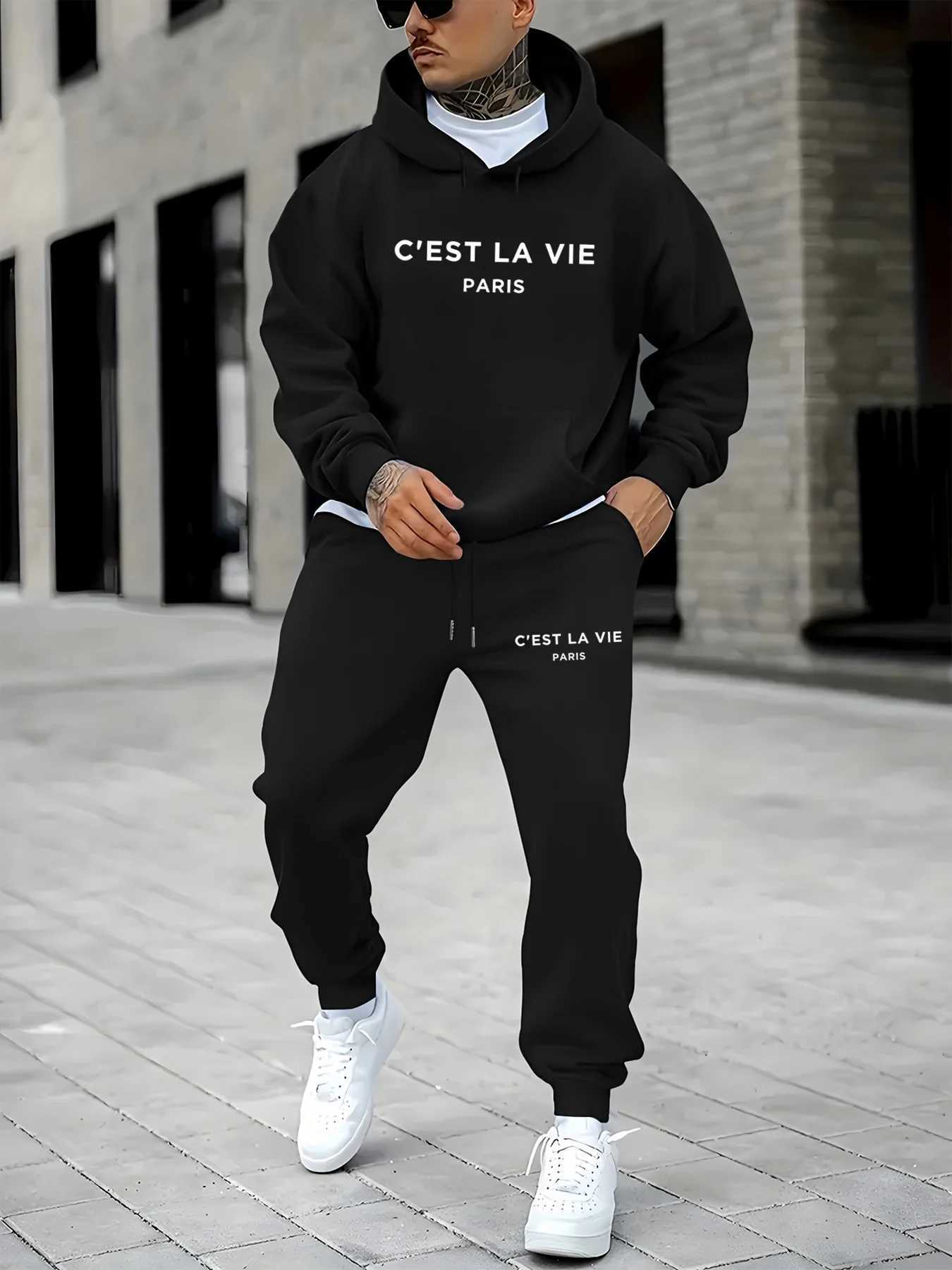 Mens autumn and winter casual warm CEST LA VIE Paris letter printed loose and plush thick hoodiesports pants setT251117