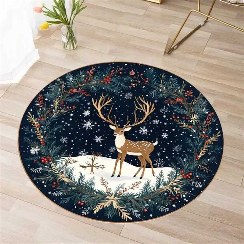 Christmas Tree Round Rug with Holiday Ornament Pattern Festive Carpet Mat for Bedroom Living Room New Year DecorM251117