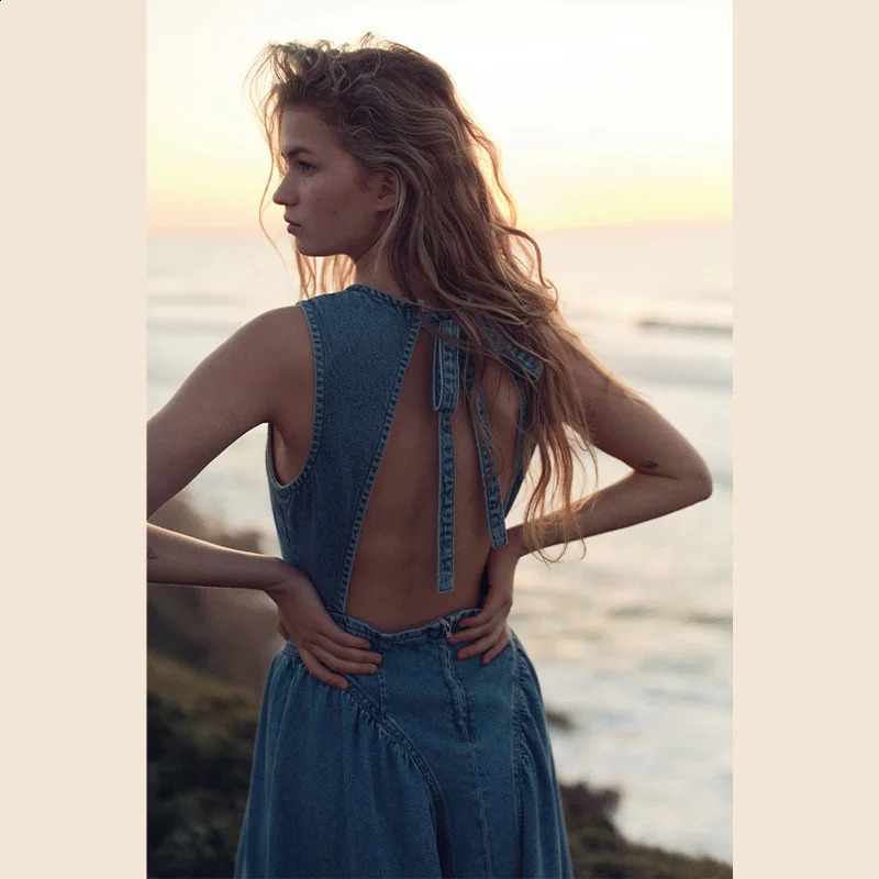 Casual Round Neck Lace Up Backless Denim Dress Sleeveless High Waist Loose Zipper Robe Summer High Street Sexy Solid Clothing250425
