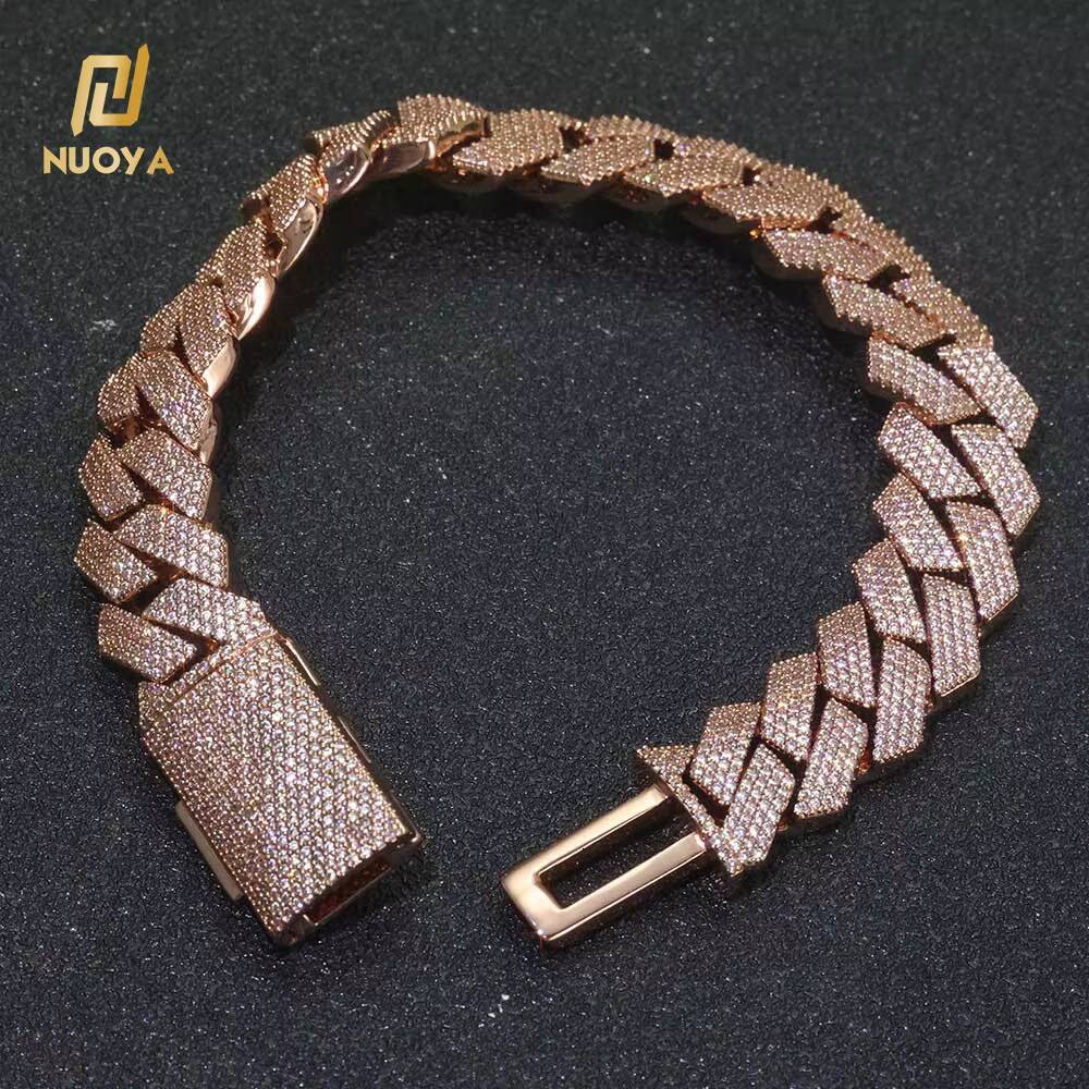 Moissanite Iced Out Diamond Cuban Link Chain Brass Bracelet 15mm 4 Row Prong Design Rose Gold Plated Hip Hop Jewelry Gift