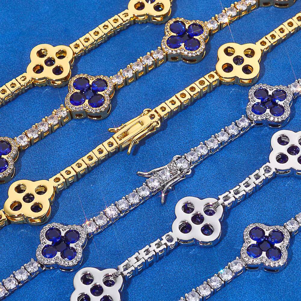 NUOAY Hip Hop Jewelry 3mm Iced Out VVS Moissanite Tennis Chain Four Leaf Clover 925 Silver Necklace Gift for Men Women