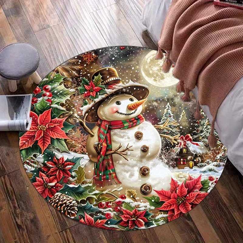Round Crystal Velvet Rug Christmas Snowman Holiday Scene Red Poinsettia Floor Mat Home Decor Living Room Bedroom Carpet FestiveM251117