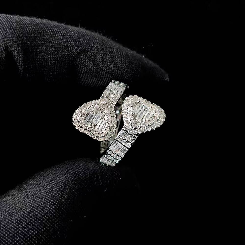 Moissanite High Quality Iced Out Baguette CZ Heart Shape Diamond Ring Double Heart Open Finger Ring