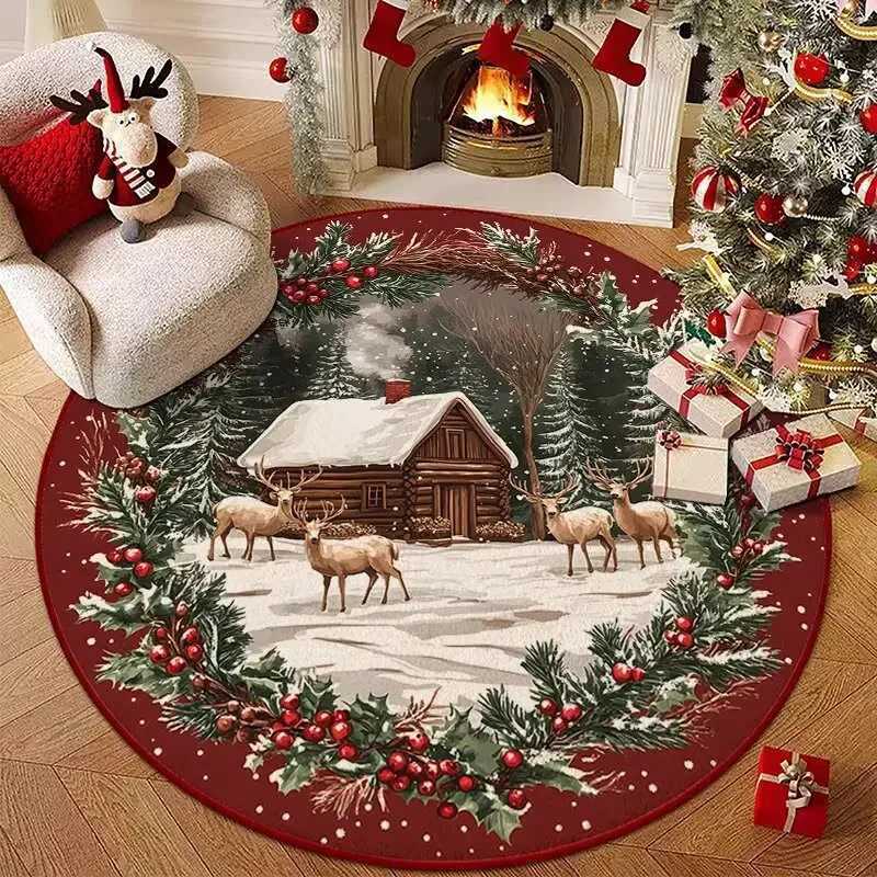Christmas Winter Forest Round Rug Snowy Cabin Reindeer Design Dark Red Festive Wreath Carpet for Living Room Home DecorM251117