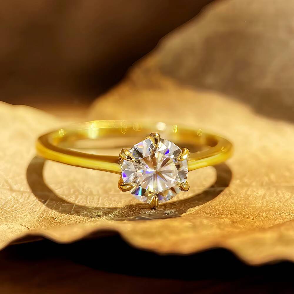 FOXI 18k Gold Plated Ring Six Prong Solitaire Round Brilliant Engagement Ring GRA 925 Sterling Silver Moissanite Wedding Ring