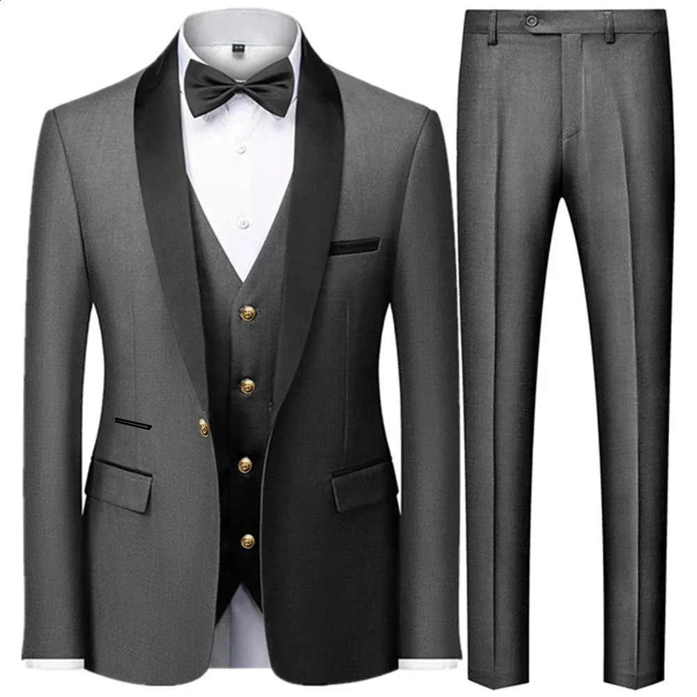 3 Pieces Set Mens Business Blazers Coat Male Slim Fit Color Matching Collar Suit Tuxedo Leisure Jacket Pants Vest Wedding 250415