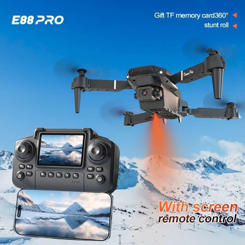 NEW E Foldable Quadcopter Drone Visual Remote Control With Display Screen Dual Cameras Two Batteries Brushless Motor Obstacle Avoidance LED Lights