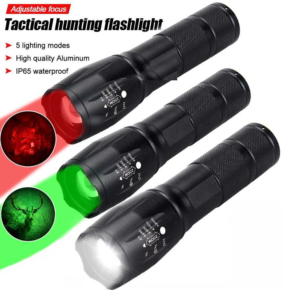 Tactical Light Green/Red/White LED Hunting Flashlight Torch Lamps Light Outdoor Multicolor Torch by 18650 Battery No Battery M251117