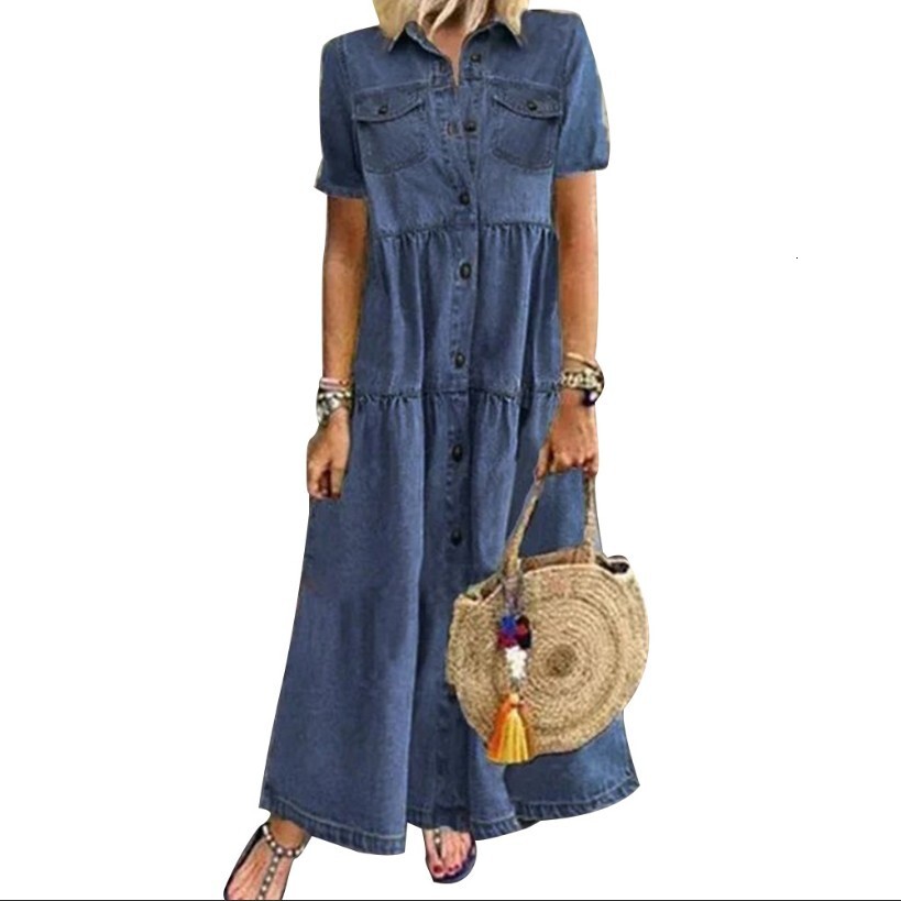2025 Summer Designer Dresses For Woman Quick Selling Outong Denim Style Long Multi Button Vintage Dress