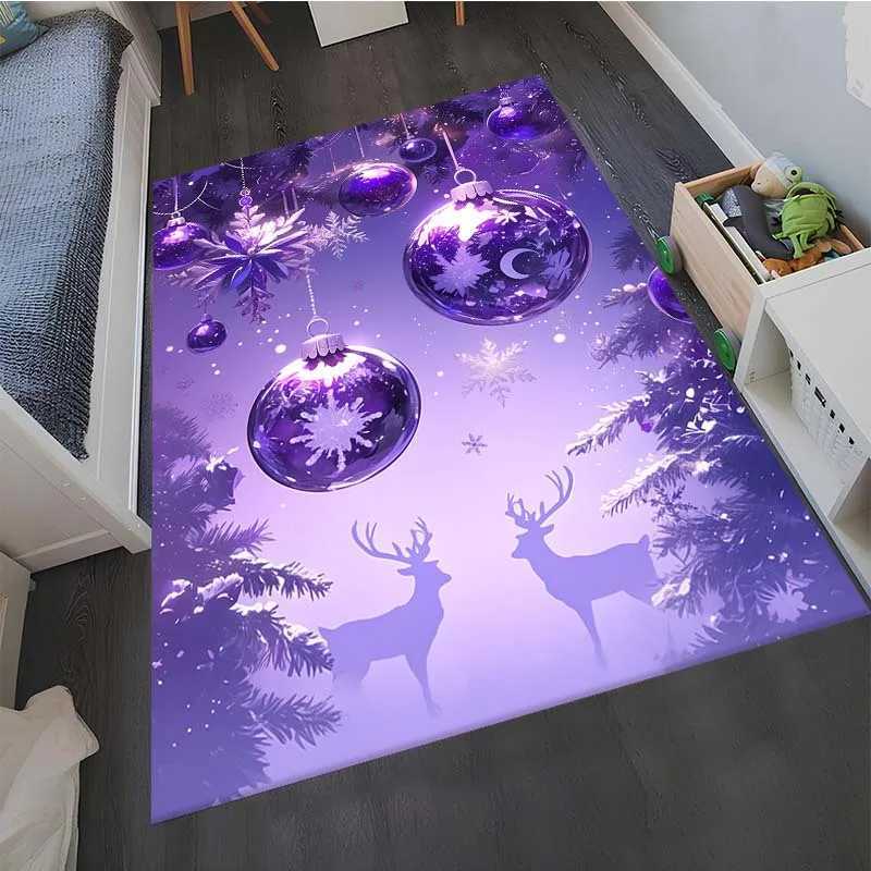 Large Purple Christmas Tree Reindeer Print Area Rug Polyester Anti-Slip Carpet for Living Room Bedroom and Play MatM251117