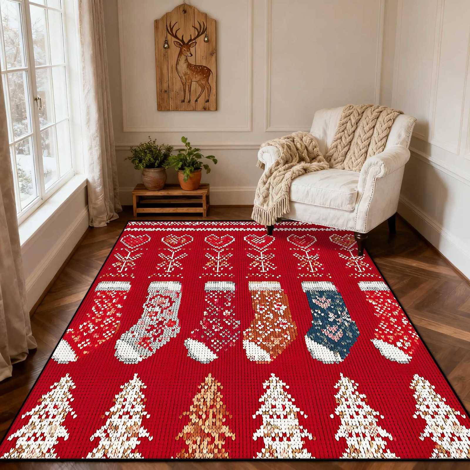 Christmas Style Red Living Room Carpet Christma Tree Decoration Bedroom Fluffy Thickened Rug Indoor Cloakroom Non-slip Floor MatM251117