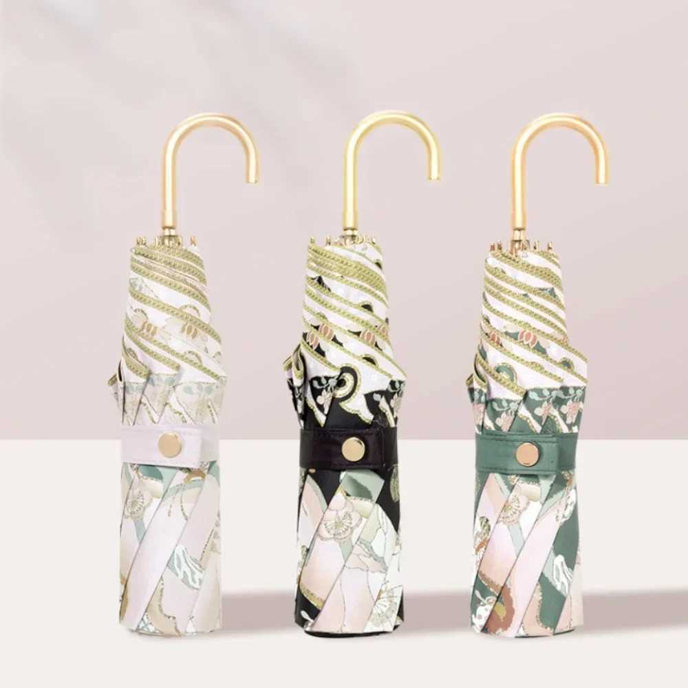 Folding Umbrella Urved Handle Gold Hook Umbrella Vintage Sun Umbrella Protection Anti-Uv Umbrell Rain Dual-Purpose Umbrella C251117
