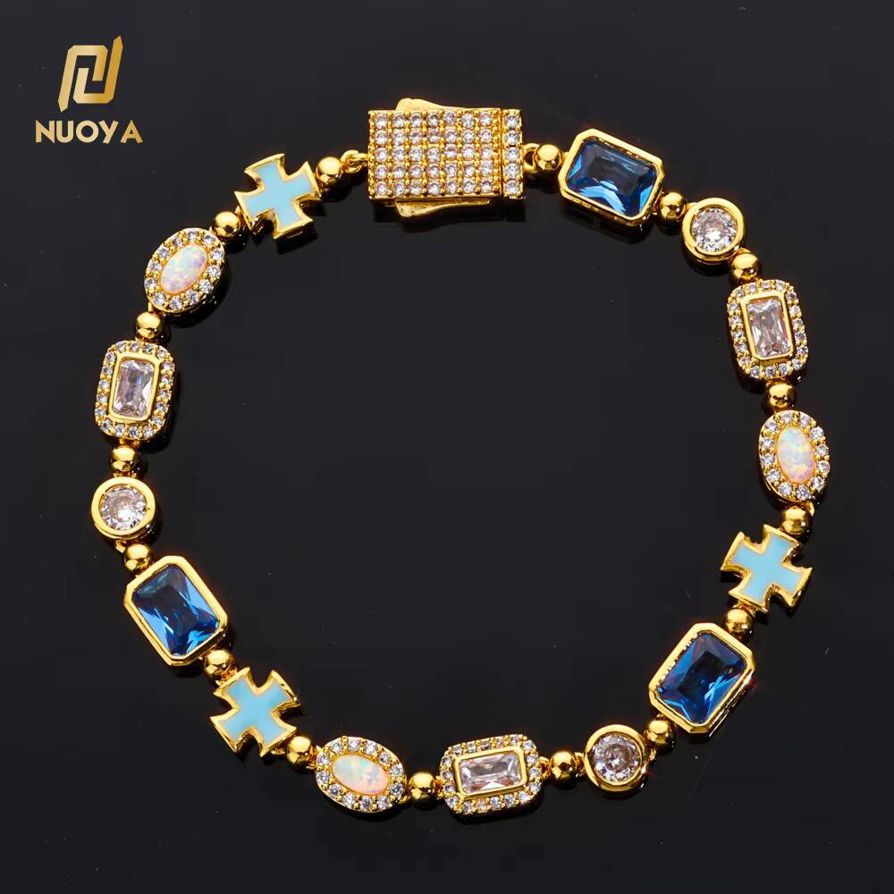 NUOYA Geometric Oil Drip Cross Bracelet 6mm Iced Out CZ Stones Gemstone Motif Hip Hop Chain Jewelry Gifts for Women