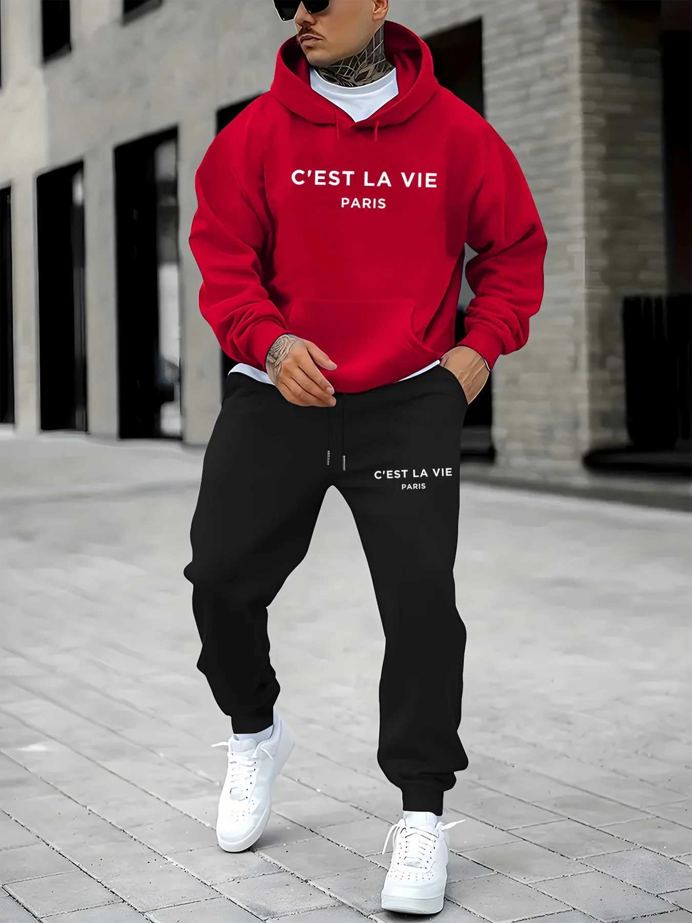 Mens autumn and winter casual warm CEST LA VIE Paris letter printed loose and plush thick hoodiesports pants setT251117