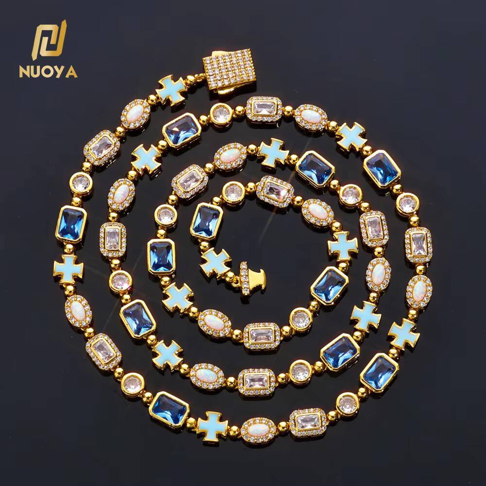 NUOYA 6mm Geometric Gemstone Necklace Oil Drip Cross Pendant Iced Out CZ Stones Hip Hop Jewelry Chain