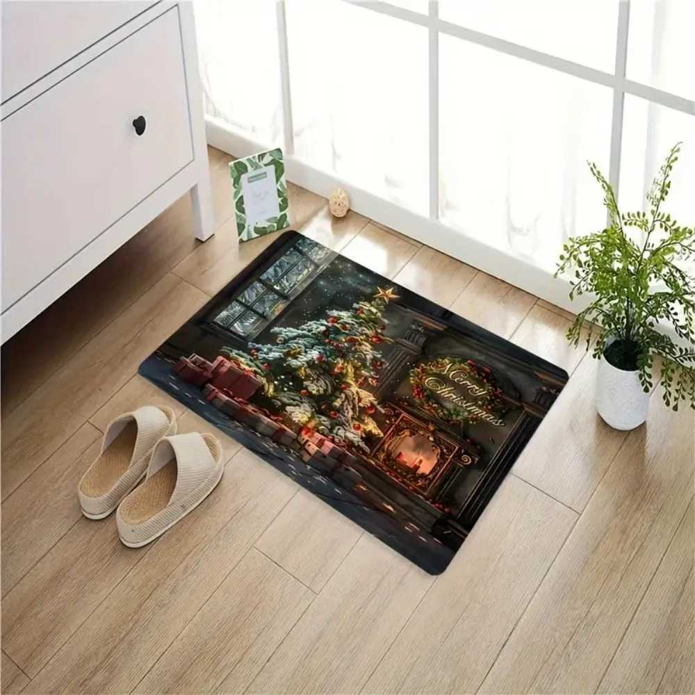 1pcs Merry Christmas Premium Flannel Christmas Tree Fireplace Doormat Strap Non-Slip Washable Rug for Kitchen Den BathroomM251117